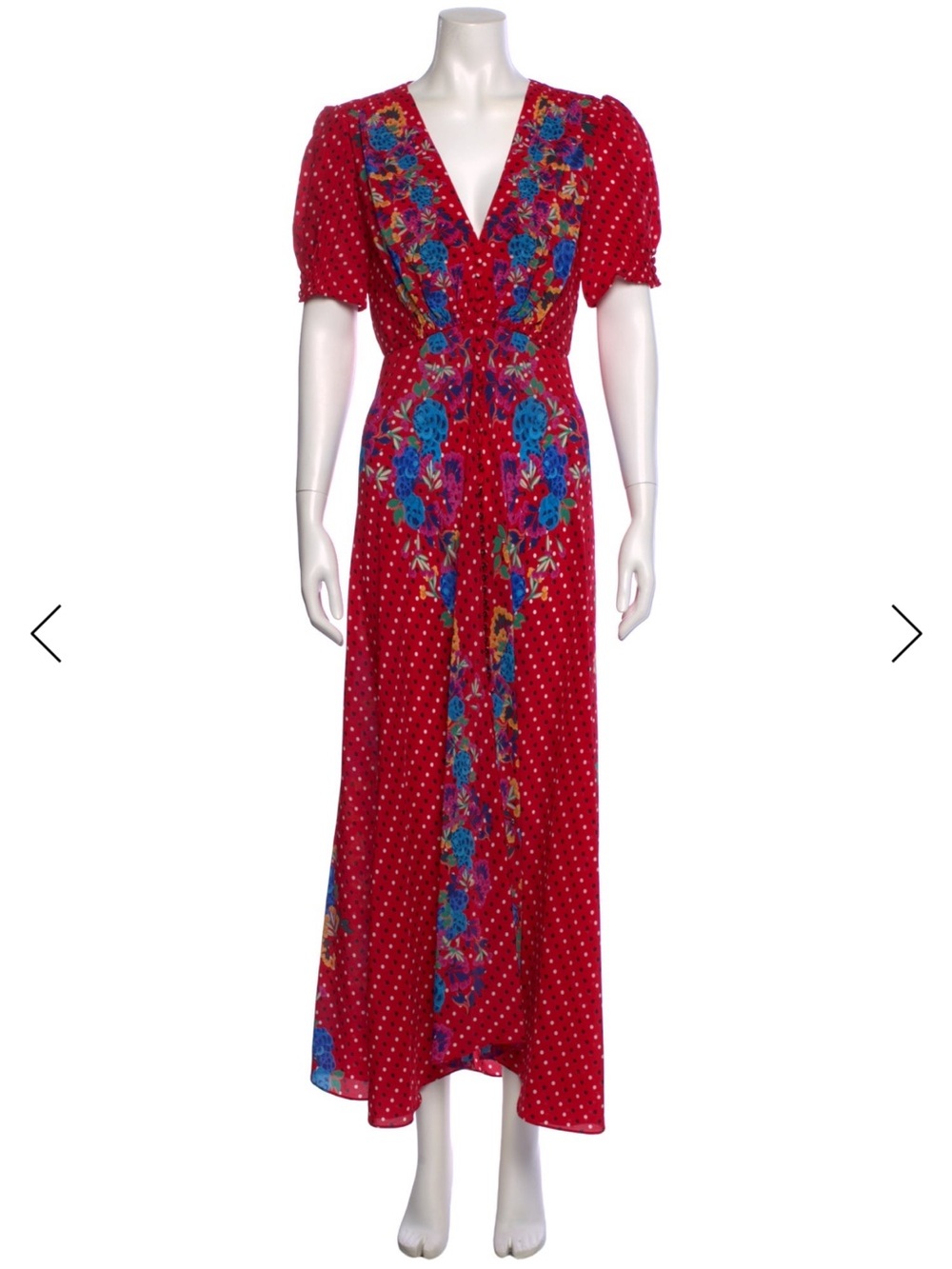 SALONI Red Polka-Dot Maxi Dress with Blue & Purple Floral Trim